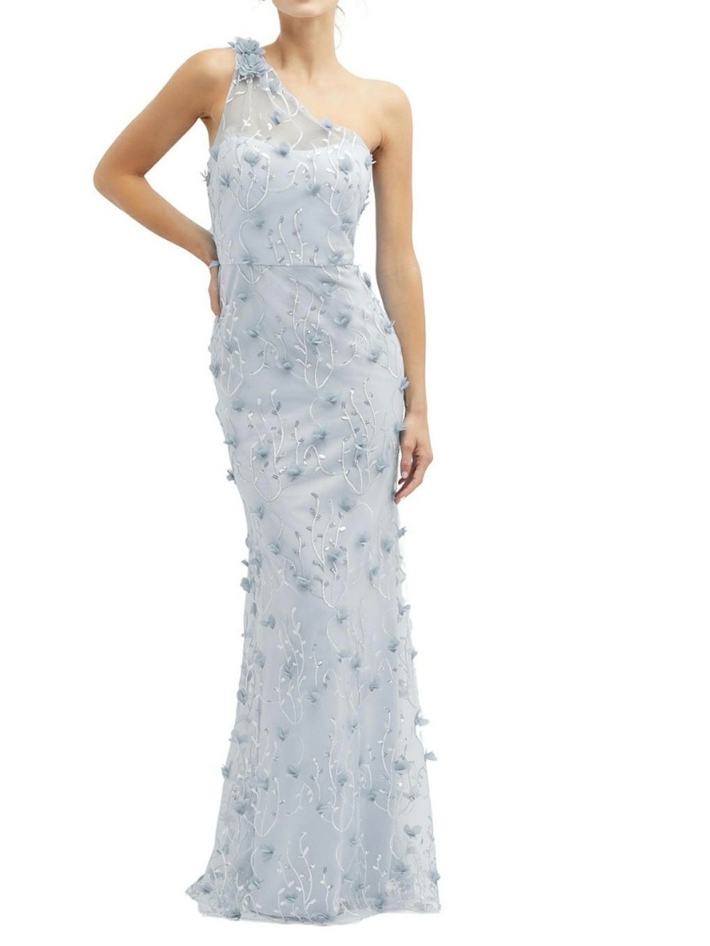 One-Shoulder Pale Blue Floral Appliqué Gown
